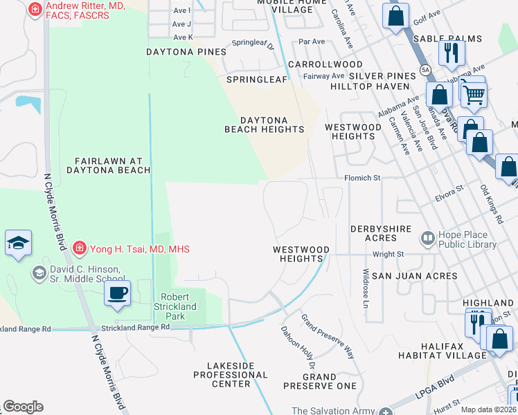 map of restaurants, bars, coffee shops, grocery stores, and more near 328 Tuscany Chase Drive in Daytona Beach