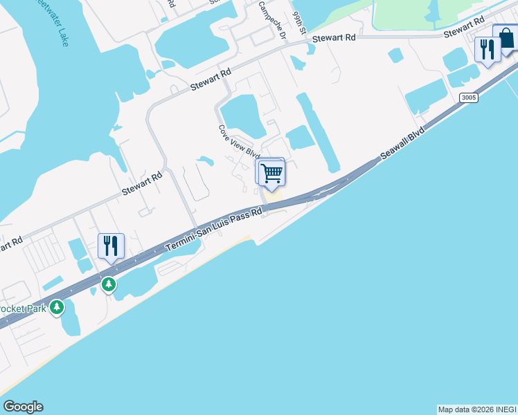 map of restaurants, bars, coffee shops, grocery stores, and more near 3433 Cove View Boulevard in Galveston