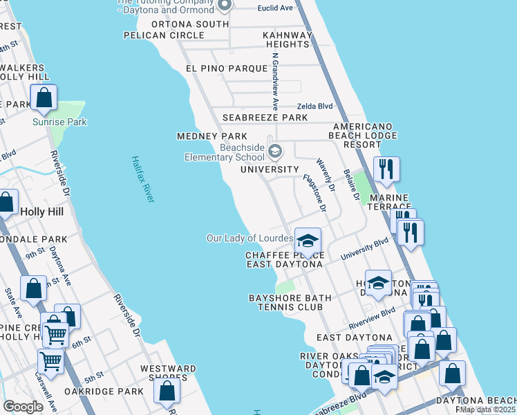 map of restaurants, bars, coffee shops, grocery stores, and more near 1151 North Halifax Avenue in Daytona Beach