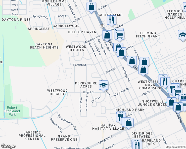 map of restaurants, bars, coffee shops, grocery stores, and more near 1424 Columbia Drive in Daytona Beach