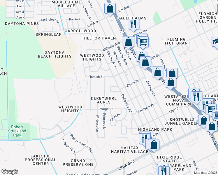 map of restaurants, bars, coffee shops, grocery stores, and more near 1424 Columbia Drive in Daytona Beach