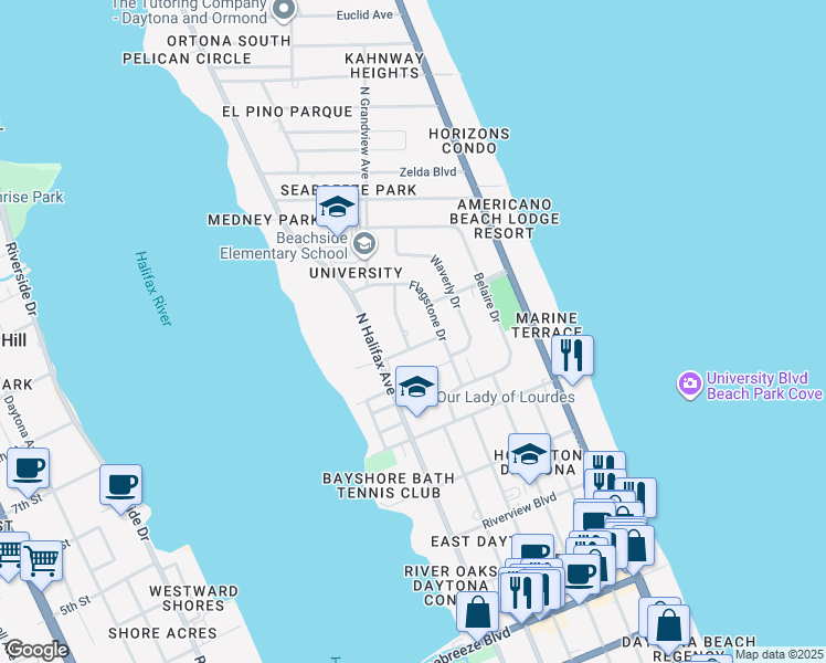 map of restaurants, bars, coffee shops, grocery stores, and more near 1104 Jacaranda Avenue in Daytona Beach