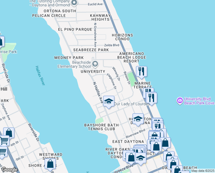 map of restaurants, bars, coffee shops, grocery stores, and more near 1104 Jacaranda Avenue in Daytona Beach