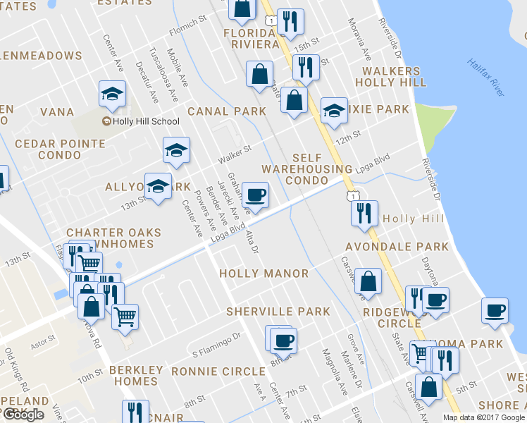 map of restaurants, bars, coffee shops, grocery stores, and more near 460 LPGA Boulevard in Daytona Beach