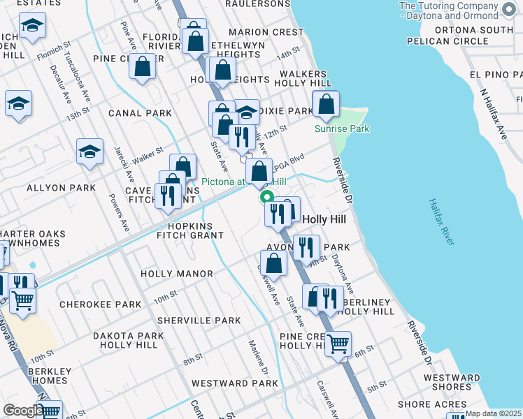 map of restaurants, bars, coffee shops, grocery stores, and more near 1066 Ridgewood Avenue in Holly Hill