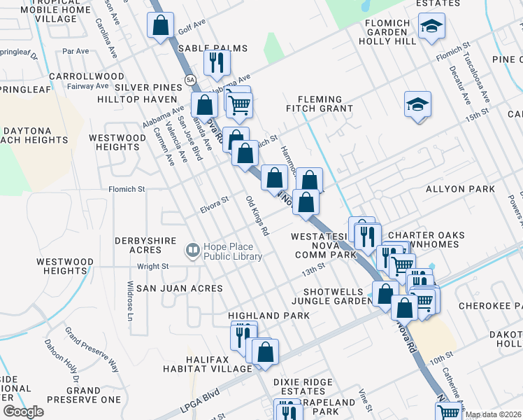 map of restaurants, bars, coffee shops, grocery stores, and more near 1503 Old Kings Road in Daytona Beach