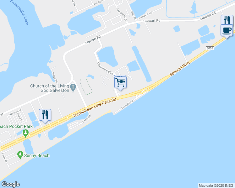 map of restaurants, bars, coffee shops, grocery stores, and more near 1304 Cove View Boulevard in Galveston