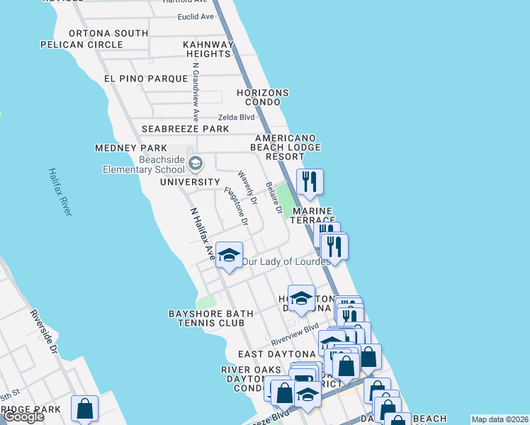 map of restaurants, bars, coffee shops, grocery stores, and more near 1125 Waverly Drive in Daytona Beach