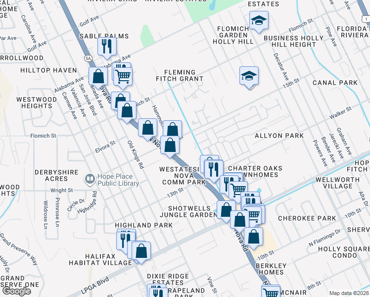 map of restaurants, bars, coffee shops, grocery stores, and more near 1757 Florida 5A in Holly Hill
