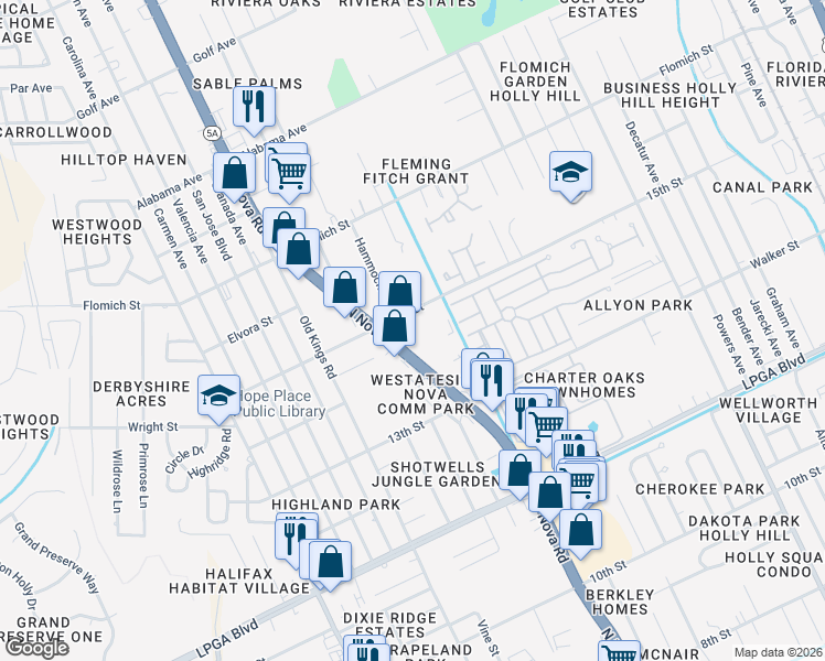 map of restaurants, bars, coffee shops, grocery stores, and more near 1757 Florida 5A in Holly Hill