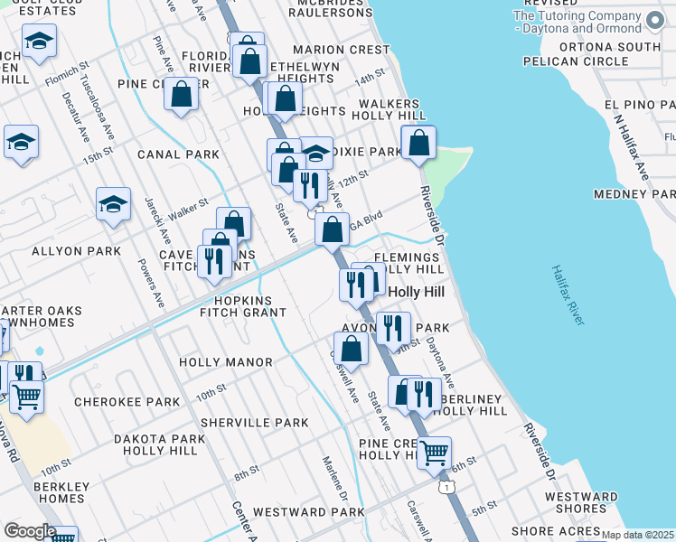 map of restaurants, bars, coffee shops, grocery stores, and more near 1066 Ridgewood Avenue in Holly Hill