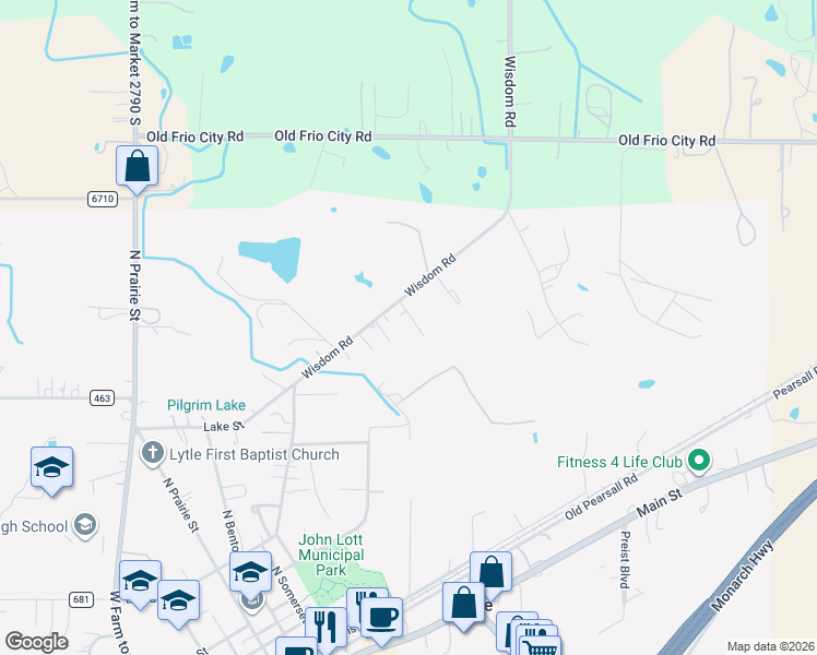 map of restaurants, bars, coffee shops, grocery stores, and more near 18090 Wisdom Road in Lytle