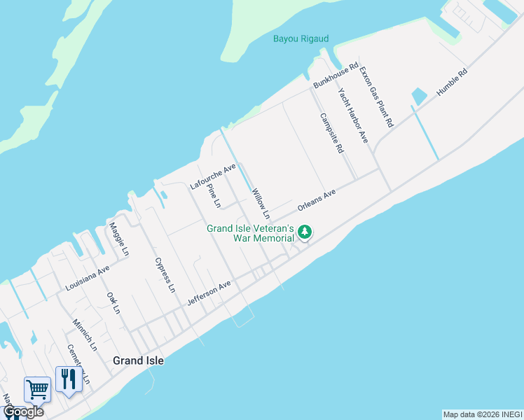 map of restaurants, bars, coffee shops, grocery stores, and more near 156 Willow Lane in Grand Isle