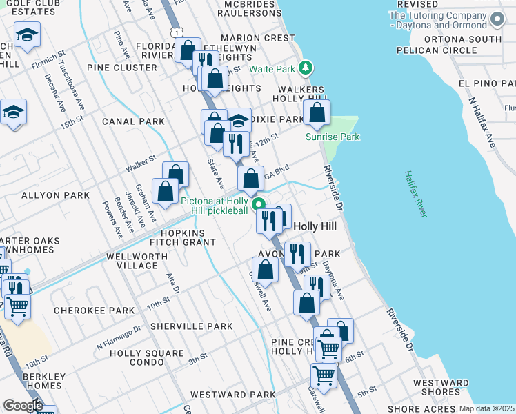 map of restaurants, bars, coffee shops, grocery stores, and more near 1068 Ridgewood Avenue in Holly Hill