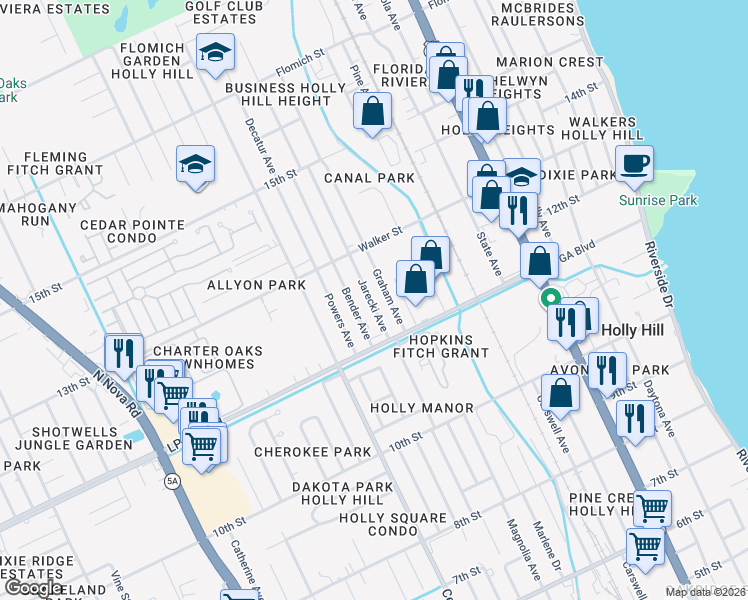 map of restaurants, bars, coffee shops, grocery stores, and more near 1121 Jarecki Avenue in Daytona Beach