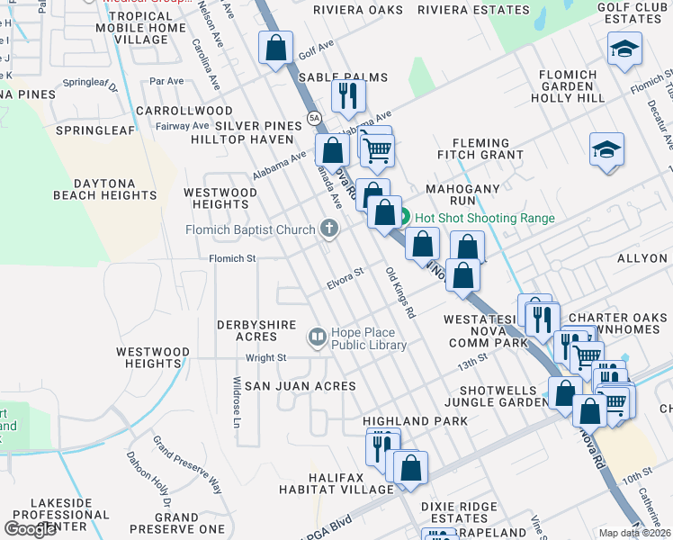 map of restaurants, bars, coffee shops, grocery stores, and more near 1535 San Jose Boulevard in Daytona Beach