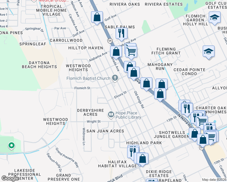 map of restaurants, bars, coffee shops, grocery stores, and more near 1601 Carmen Avenue in Daytona Beach