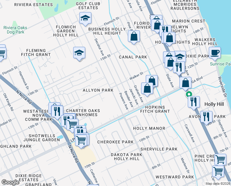 map of restaurants, bars, coffee shops, grocery stores, and more near 1229 Center Avenue in Daytona Beach