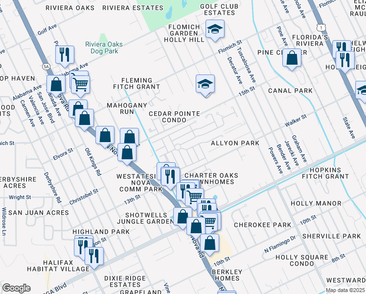map of restaurants, bars, coffee shops, grocery stores, and more near Mount Mc Kinley Trail in Holly Hill