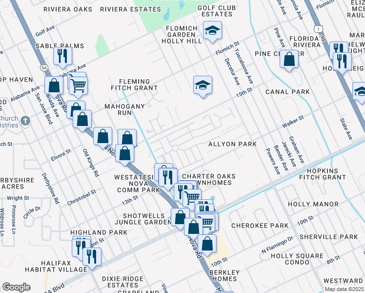 map of restaurants, bars, coffee shops, grocery stores, and more near Mount Mc Kinley Trail in Holly Hill
