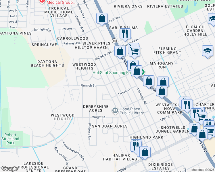 map of restaurants, bars, coffee shops, grocery stores, and more near 1600 Derbyshire Road in Daytona Beach