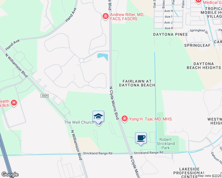 map of restaurants, bars, coffee shops, grocery stores, and more near 2086 North Clyde Morris Boulevard in Daytona Beach