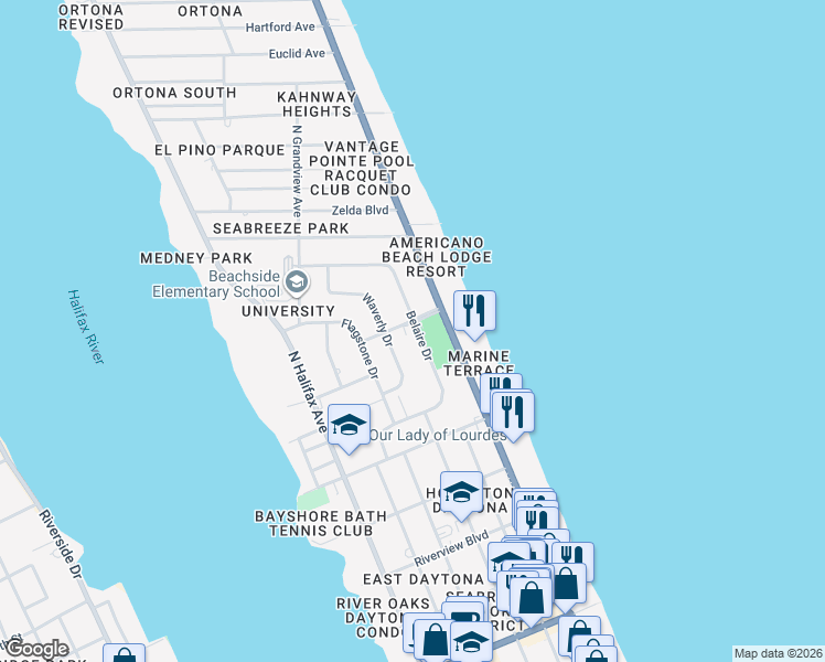 map of restaurants, bars, coffee shops, grocery stores, and more near 1157 Bel Aire Drive in Daytona Beach