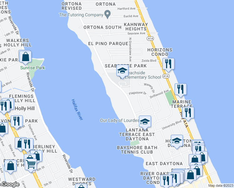 map of restaurants, bars, coffee shops, grocery stores, and more near 1175 North Halifax Avenue in Daytona Beach