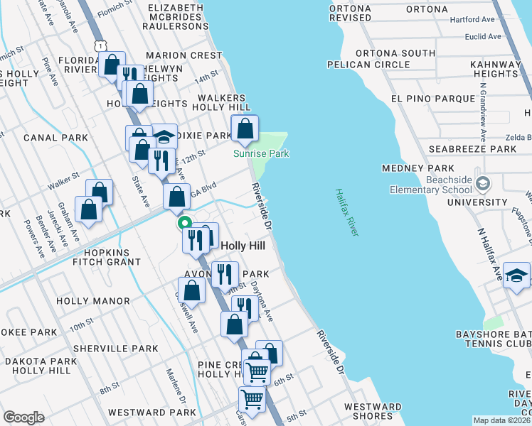 map of restaurants, bars, coffee shops, grocery stores, and more near 1037 Riverside Drive in Holly Hill