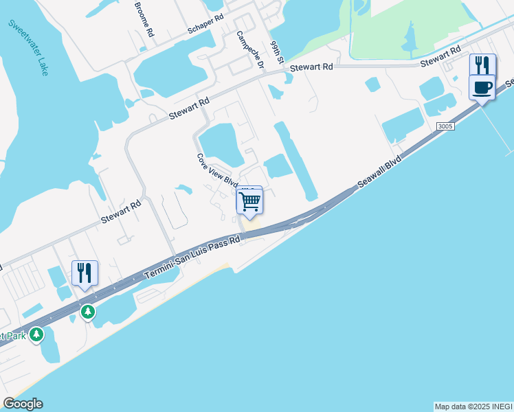 map of restaurants, bars, coffee shops, grocery stores, and more near 3506 Cove View Boulevard in Galveston