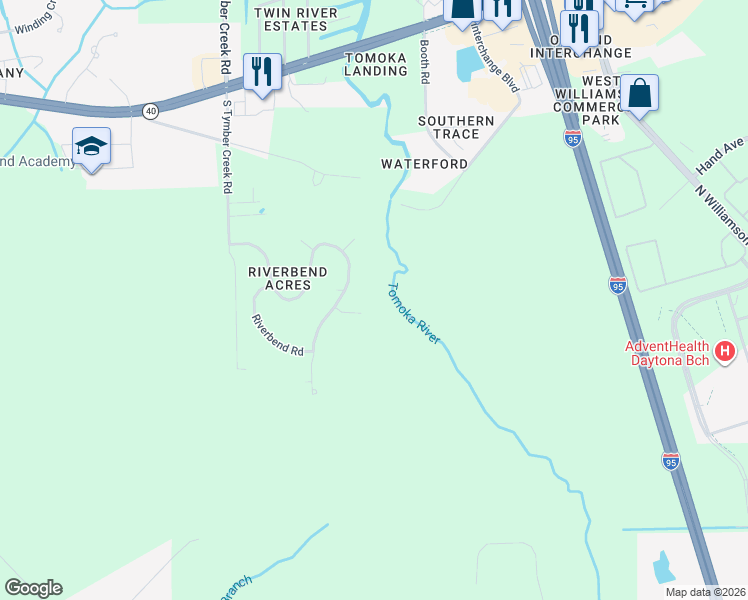 map of restaurants, bars, coffee shops, grocery stores, and more near 288 Wildwood Lane in Ormond Beach