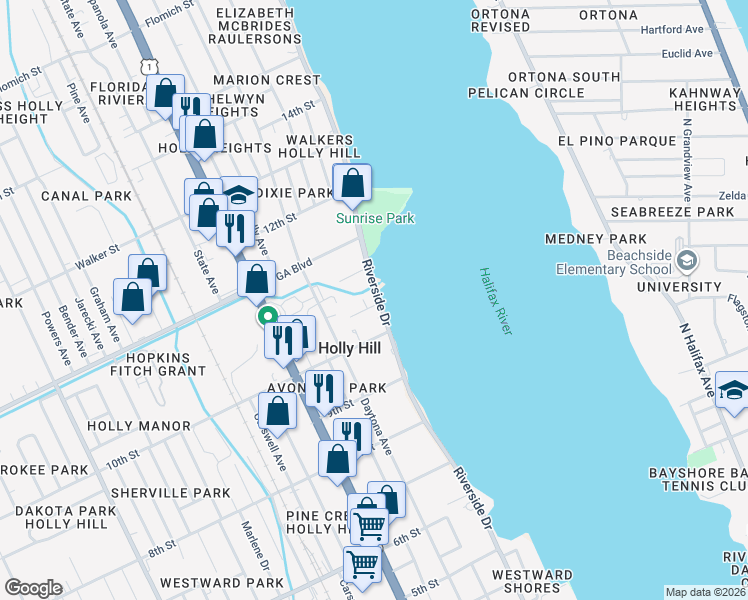 map of restaurants, bars, coffee shops, grocery stores, and more near 1037 Riverside Drive in Holly Hill