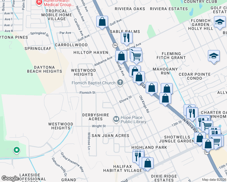 map of restaurants, bars, coffee shops, grocery stores, and more near 1601 Carmen Avenue in Daytona Beach