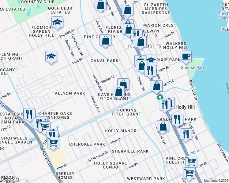 map of restaurants, bars, coffee shops, grocery stores, and more near 1135 Cave Avenue in Daytona Beach
