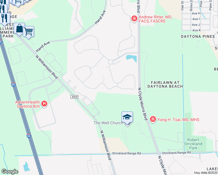 map of restaurants, bars, coffee shops, grocery stores, and more near 100-198 Deer Run Lake Drive in Ormond Beach