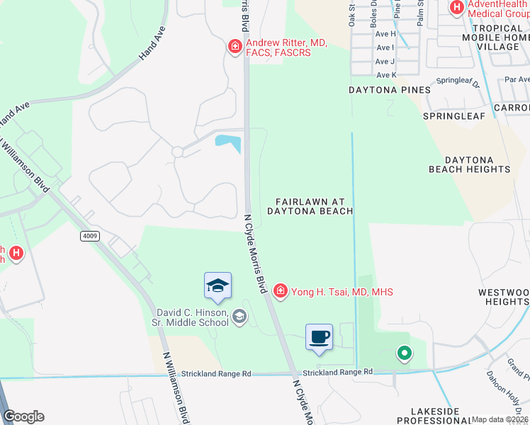map of restaurants, bars, coffee shops, grocery stores, and more near 2086-2098 North Clyde Morris Boulevard in Ormond Beach