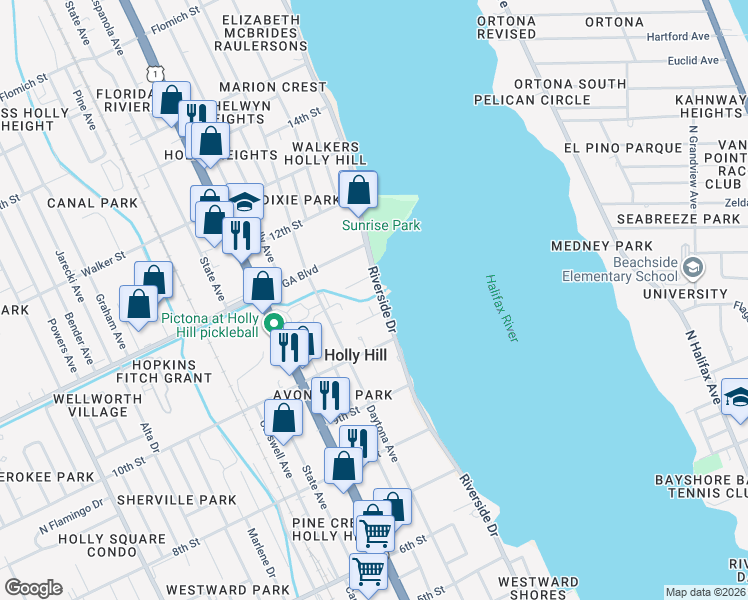 map of restaurants, bars, coffee shops, grocery stores, and more near 1036 Riverside Drive in Daytona Beach