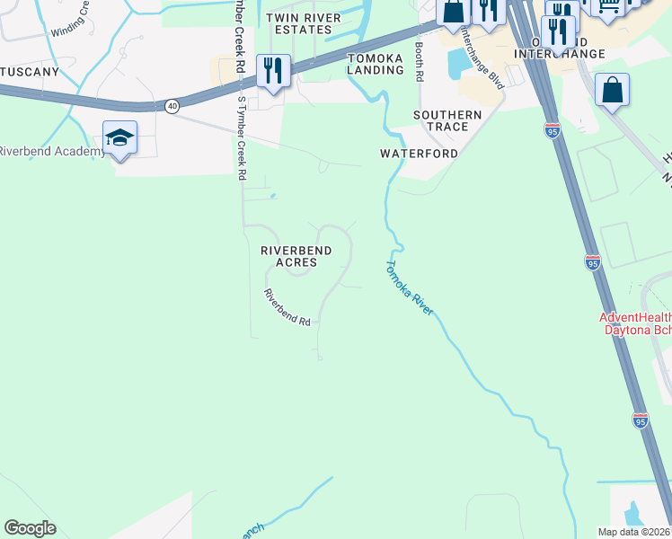 map of restaurants, bars, coffee shops, grocery stores, and more near 283 Riverbend Road in Ormond Beach