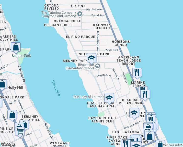 map of restaurants, bars, coffee shops, grocery stores, and more near 1171 North Halifax Avenue in Daytona Beach