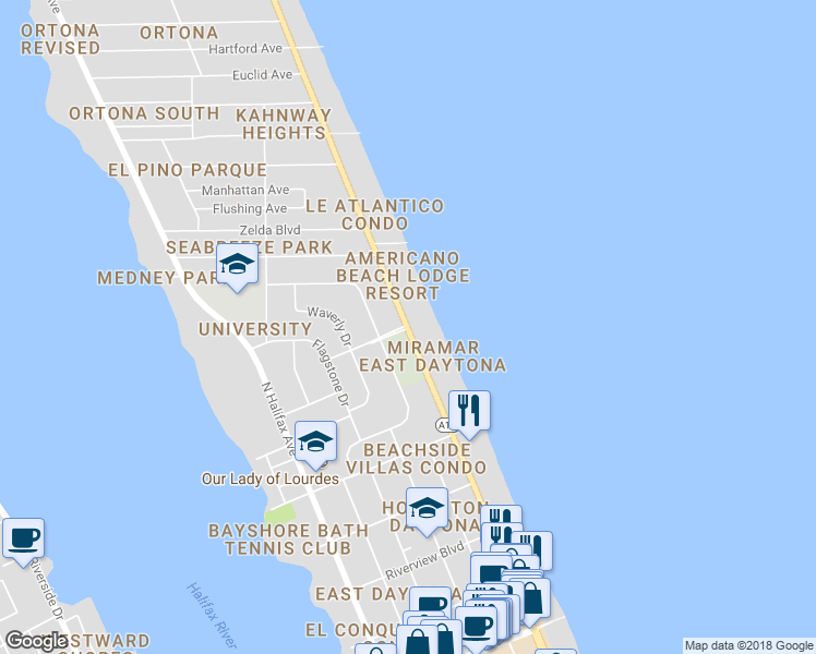 map of restaurants, bars, coffee shops, grocery stores, and more near 1202 North Atlantic Avenue in Daytona Beach