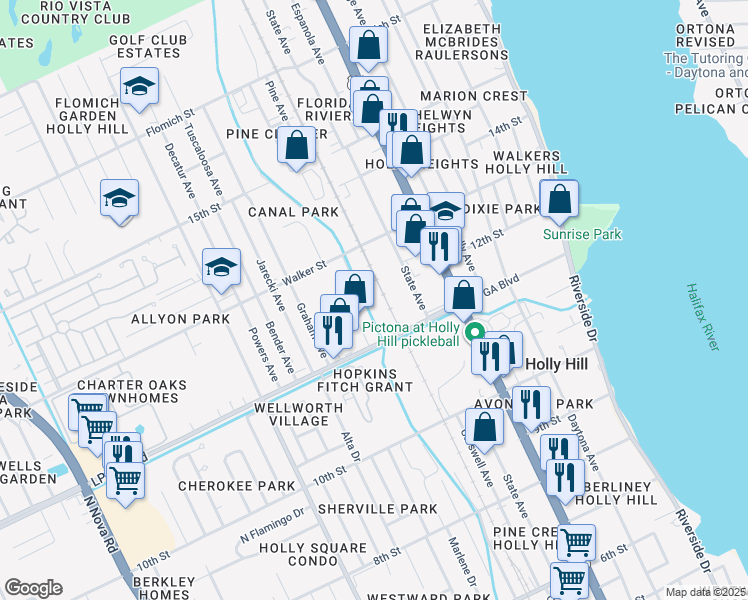 map of restaurants, bars, coffee shops, grocery stores, and more near 408 Lpga Boulevard in Holly Hill
