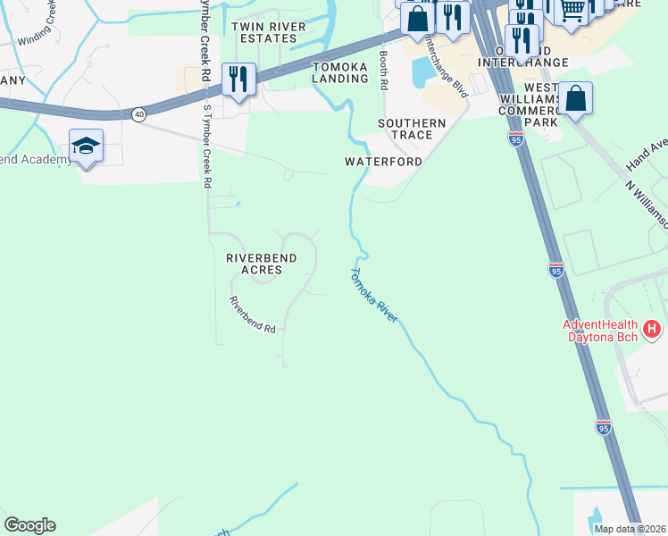 map of restaurants, bars, coffee shops, grocery stores, and more near 288 Wildwood Lane in Ormond Beach