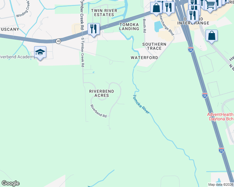 map of restaurants, bars, coffee shops, grocery stores, and more near 283 Riverbend Road in Ormond Beach