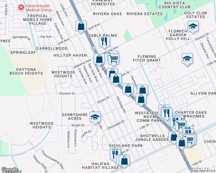 map of restaurants, bars, coffee shops, grocery stores, and more near 1530 Old Kings Road in Daytona Beach