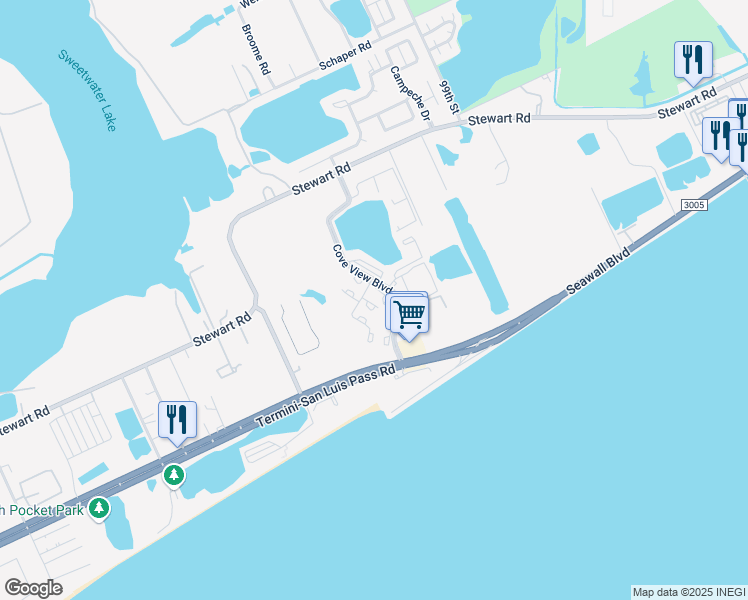 map of restaurants, bars, coffee shops, grocery stores, and more near 3433 Cove View Boulevard in Galveston