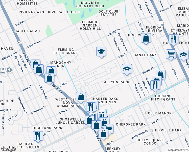 map of restaurants, bars, coffee shops, grocery stores, and more near Mount Mc Kinley Trail in Holly Hill