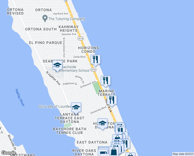 map of restaurants, bars, coffee shops, grocery stores, and more near 1209 North Atlantic Avenue in Daytona Beach