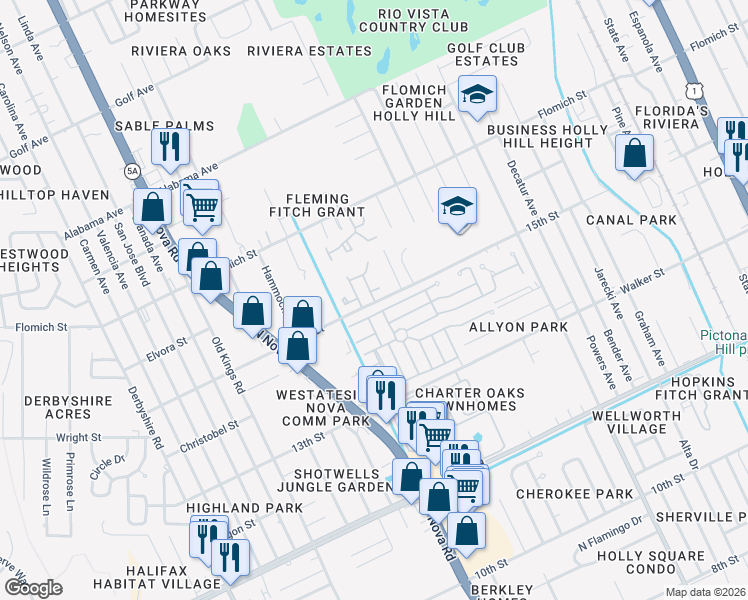 map of restaurants, bars, coffee shops, grocery stores, and more near 940 15th Street in Holly Hill
