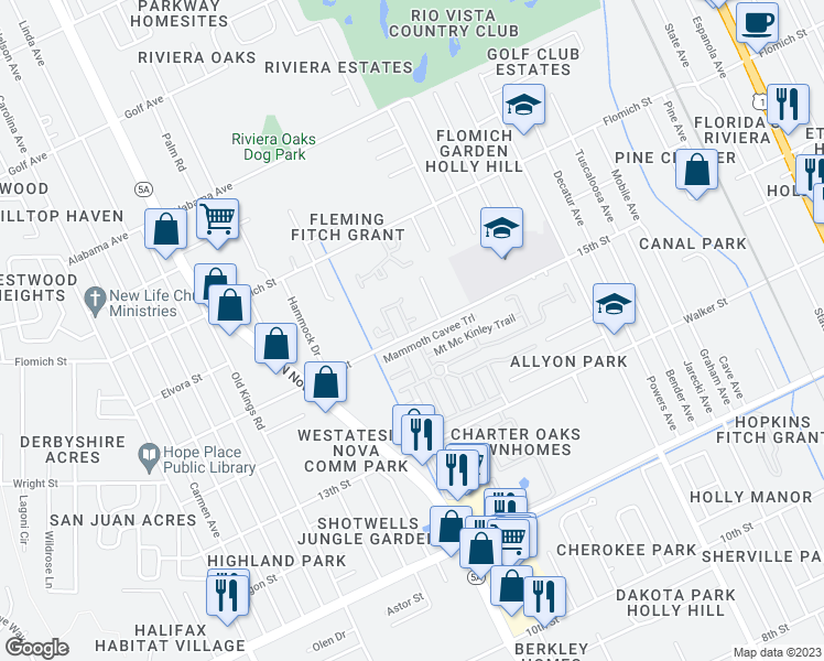 map of restaurants, bars, coffee shops, grocery stores, and more near 940 15th Street in Holly Hill