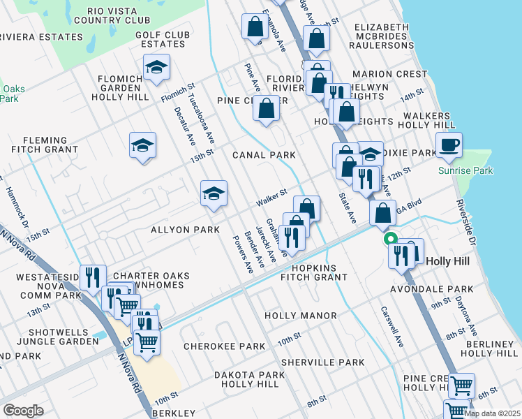 map of restaurants, bars, coffee shops, grocery stores, and more near 1242 Graham Avenue in Holly Hill